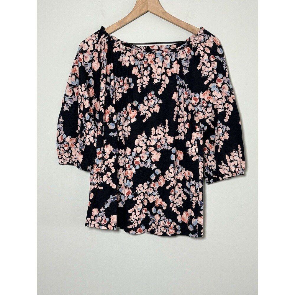 J Jill Blouse Womens Medium Navy Blue Pink Floral Off Shoulder Peasant Boho Top